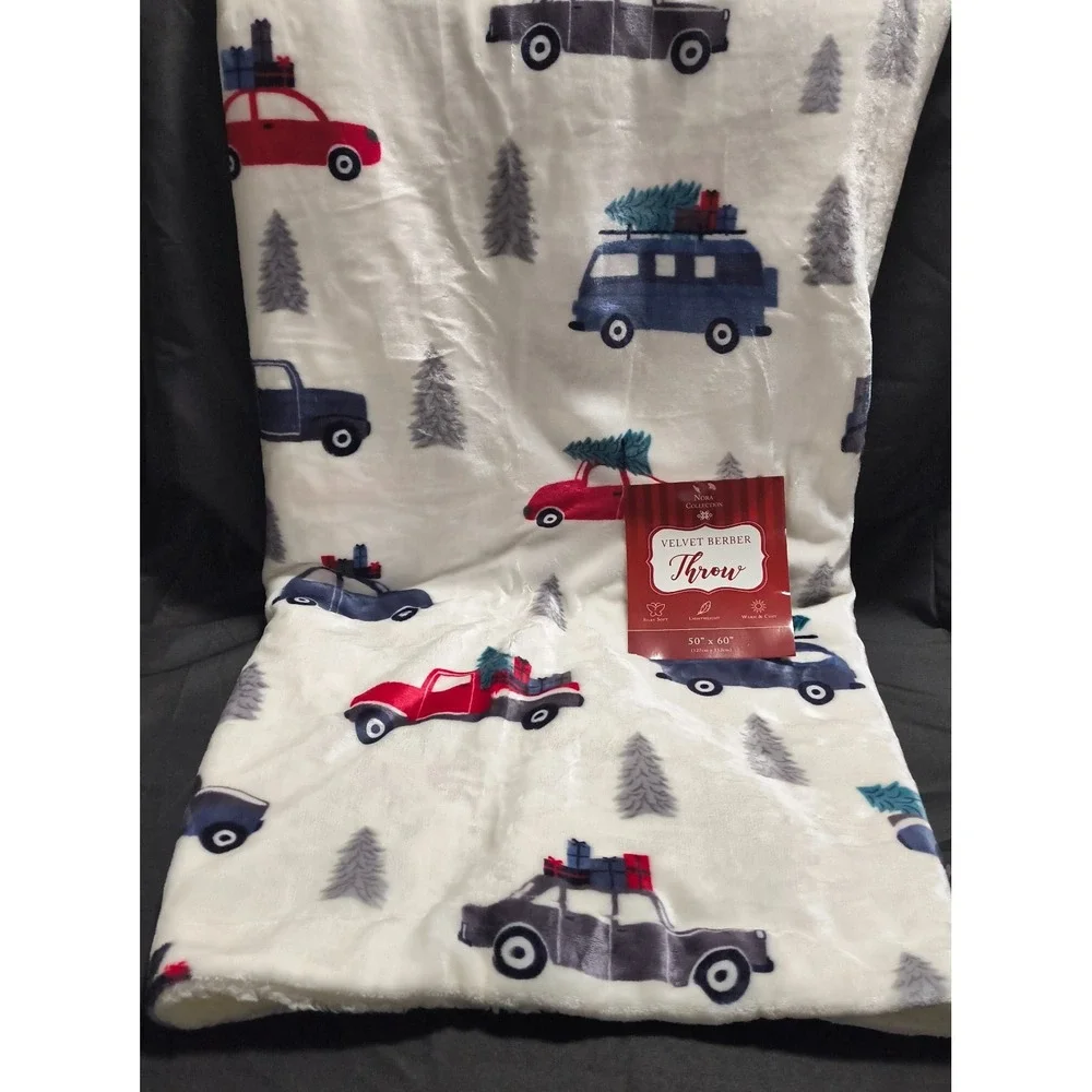 Velvet Berber Throw, White w/Multicolor‎ Trucks and Christmas Trees, SUPER SOFT